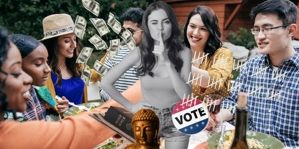 3 Questions You Shouldn’t Ask Other People — Ever woman winking while shushing, surrounded by friends