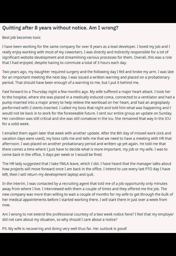 man quits job without notice after he&#039;s placed on probation