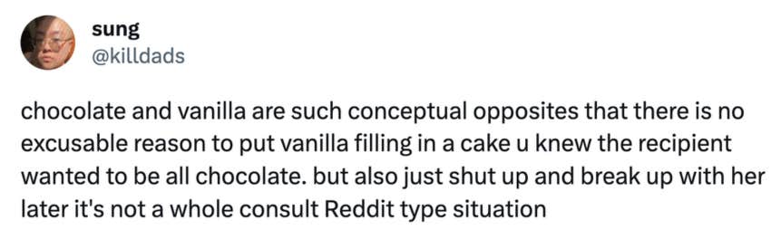 tweet about reddit story about man who criticized the homemade birthday cake his girlfriend made him