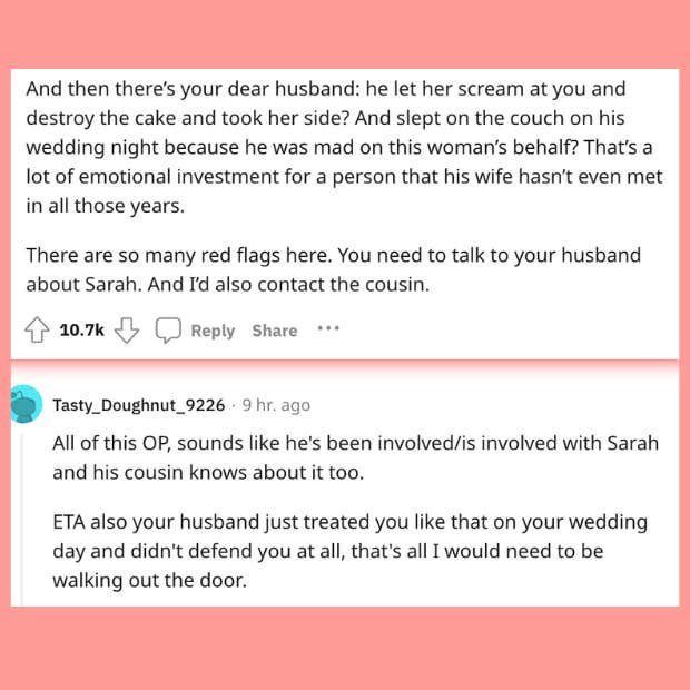 comments from Reddit story about bride whose wedding was ruined
