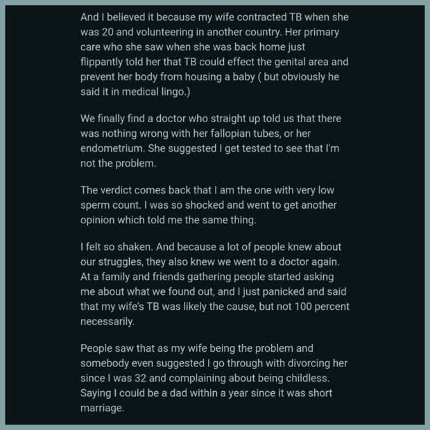 reddit story in which man blames his infertility on his wife