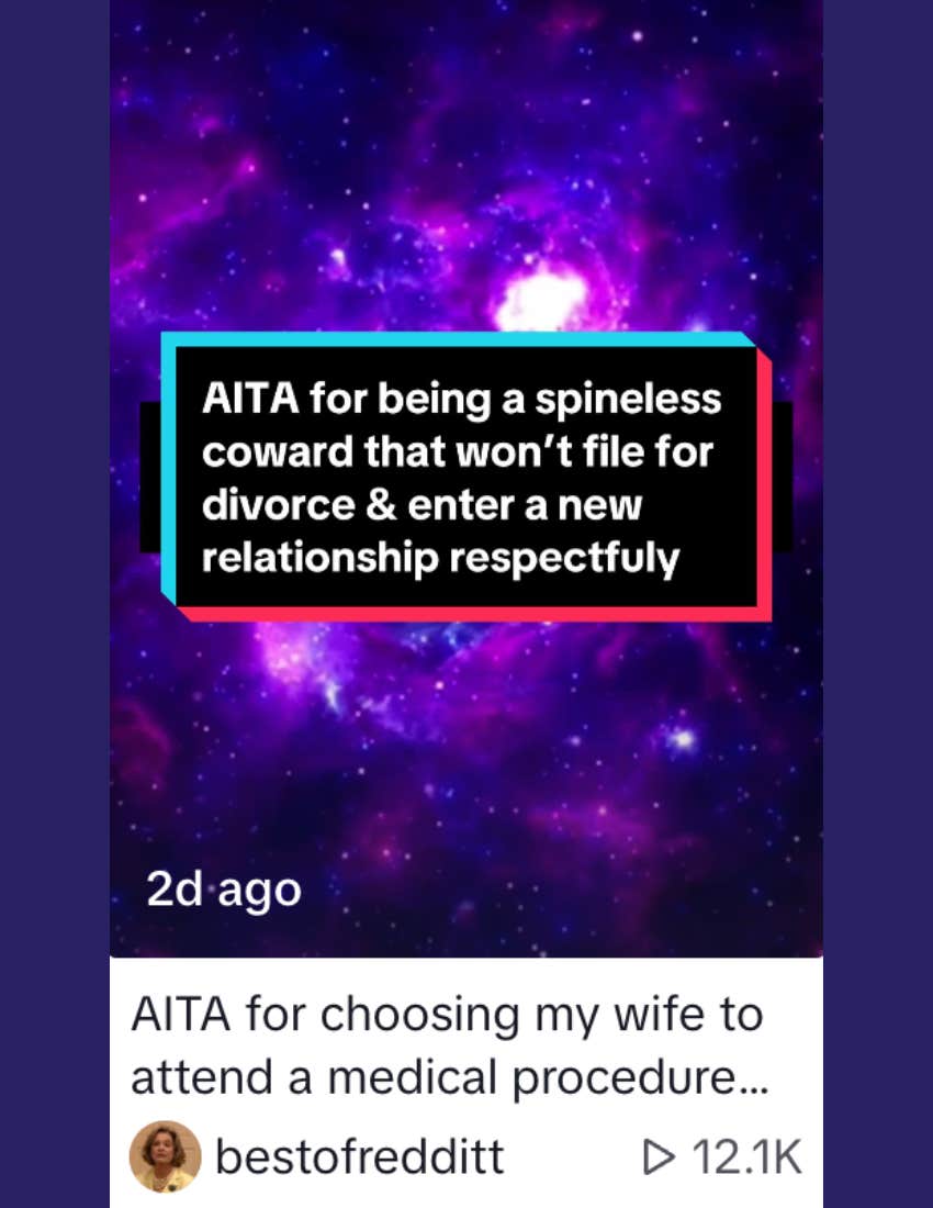screenshot from tiktok of reddit story about man choosing his wife over his mistress