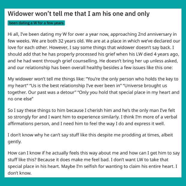 woman dating a widower upset he won&#039;t call her his one and only