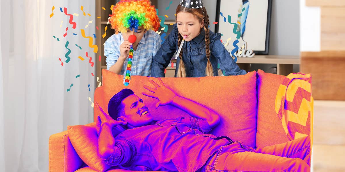 kids pulling prank on boyfriend relaxing on the couch