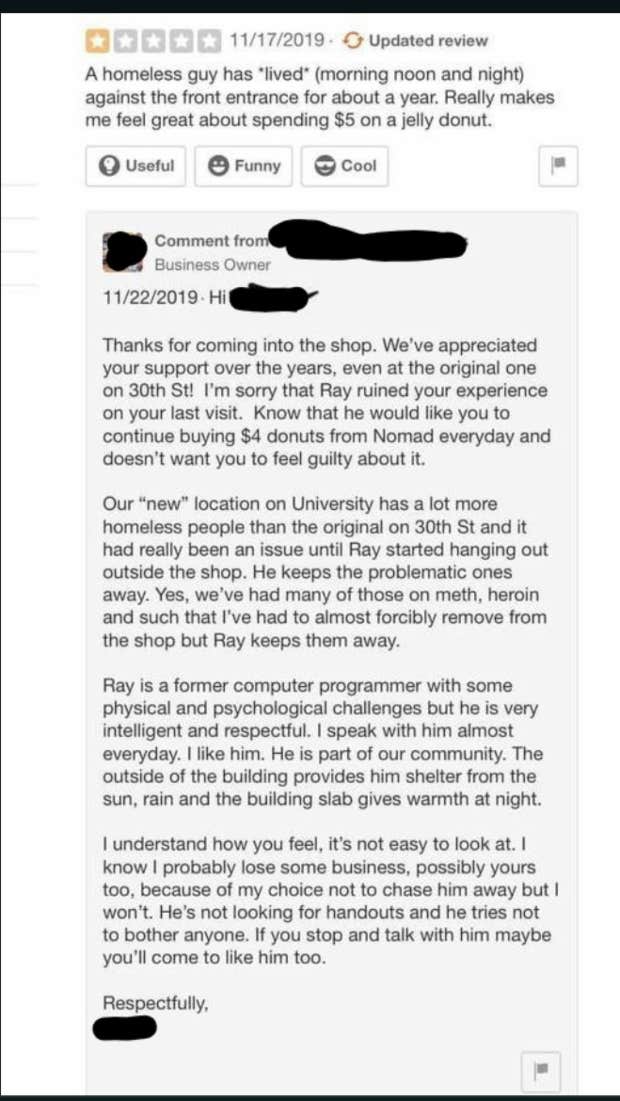 restaurant owner one-star review response about homeless person