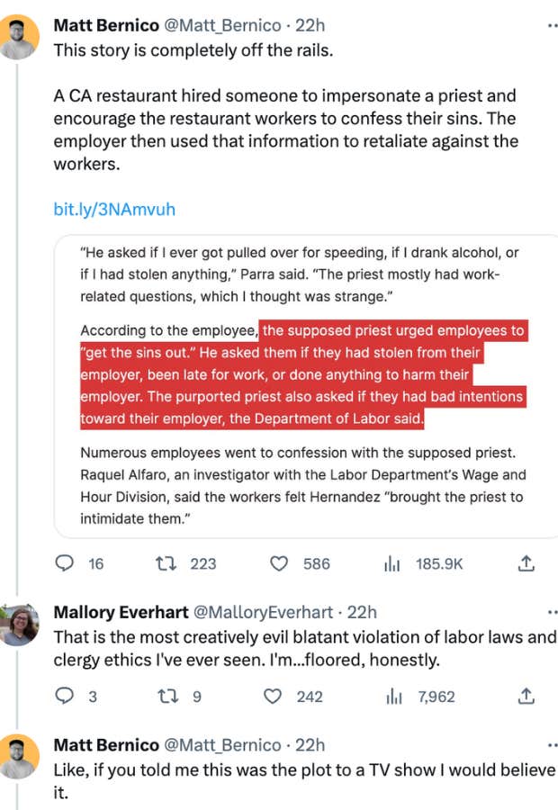 california restaurant hired priest to hear employee sins tweet