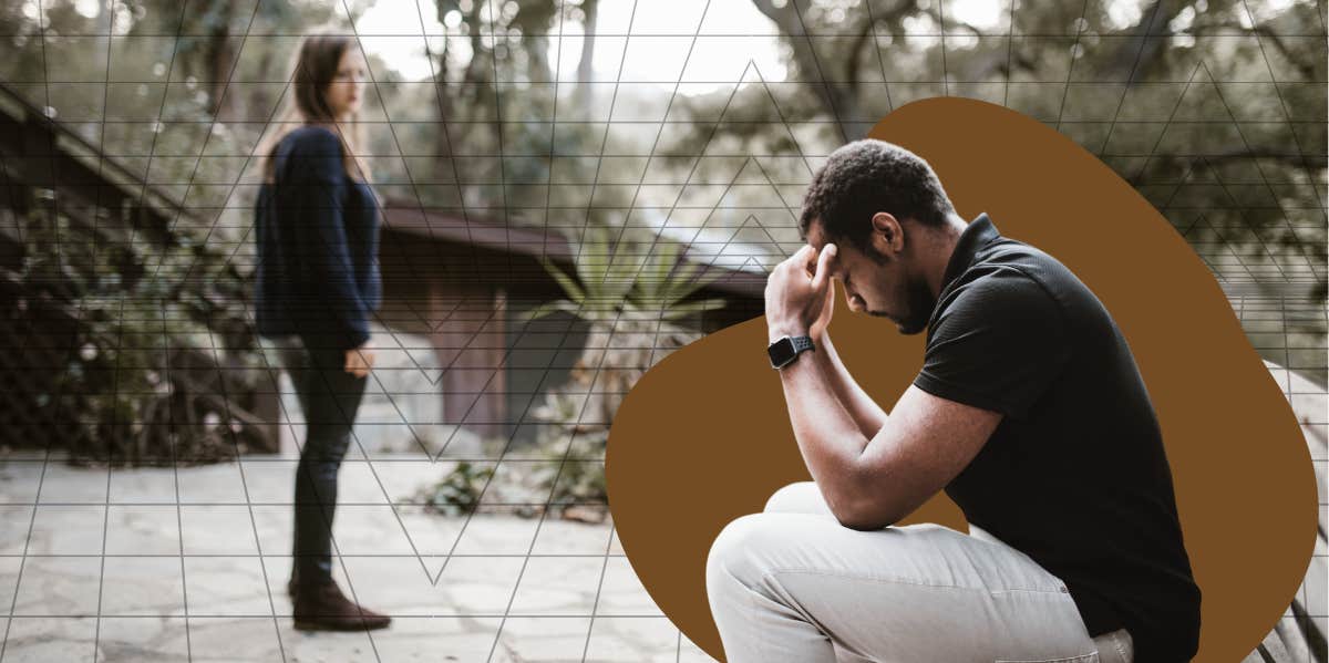 woman looking at husband who is sitting down in the distance with disappointment and desperation