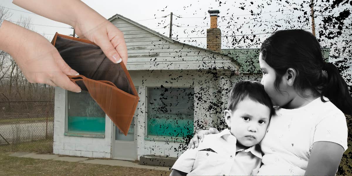 run down home, man holding a empty wallet and two children comforting each other