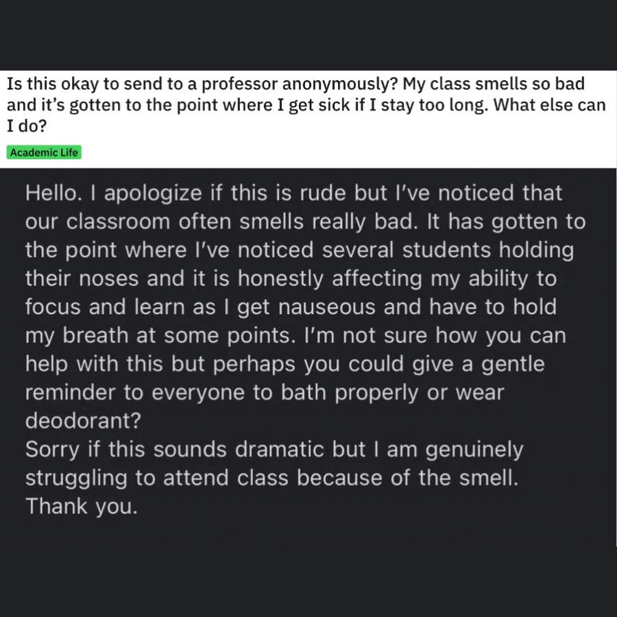 student complains to professor about smelly classroom