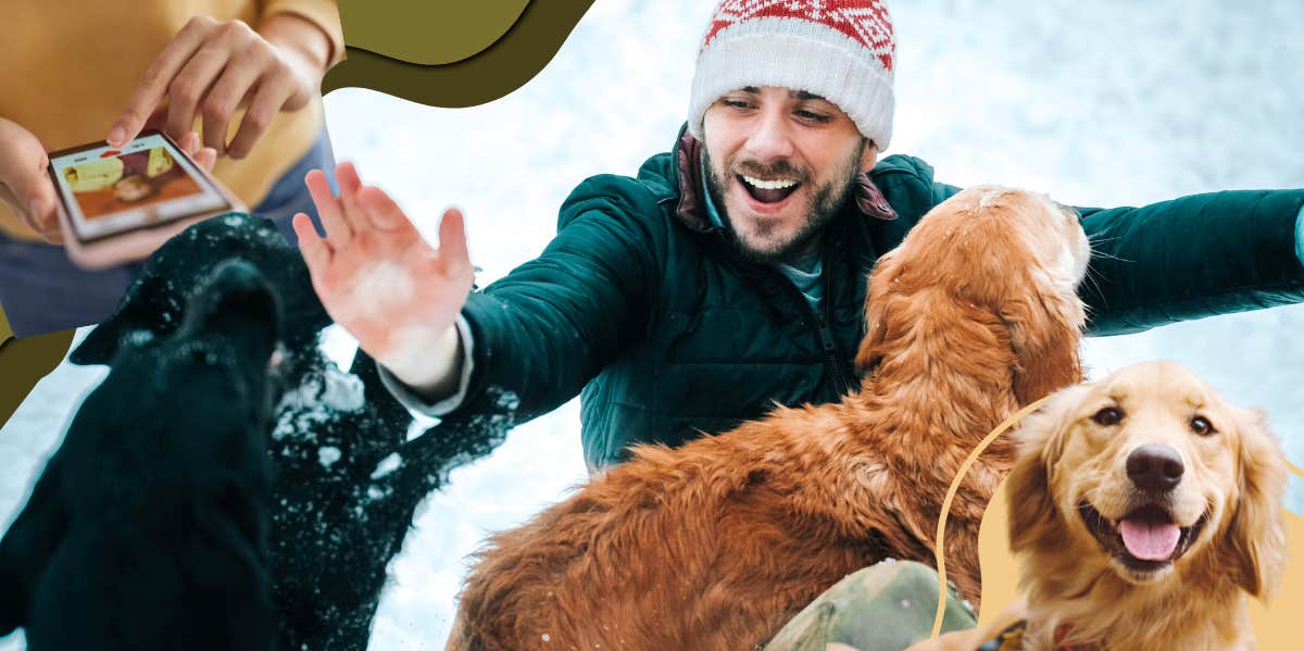 5 Types Of Selfies That Attract Women, According To A Relationship Expert man with his dogs, woman swiping right on his profile