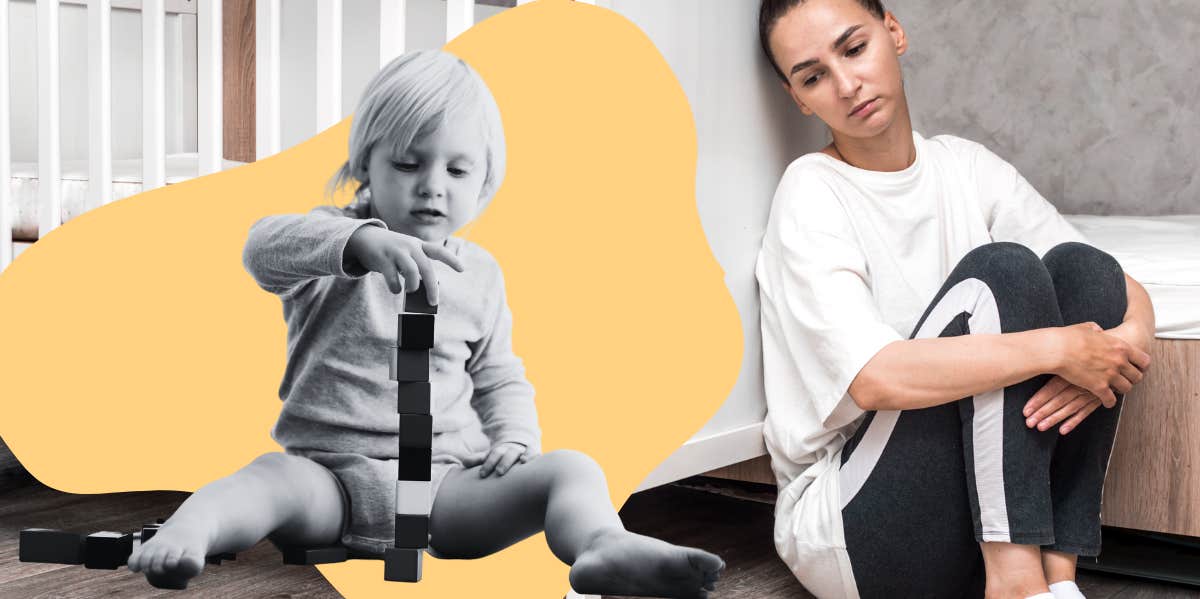 What It's Really, Truly Like To Raise A Child With Autism mother sad reflecting on her sons struggles, son playing alone with his blocks