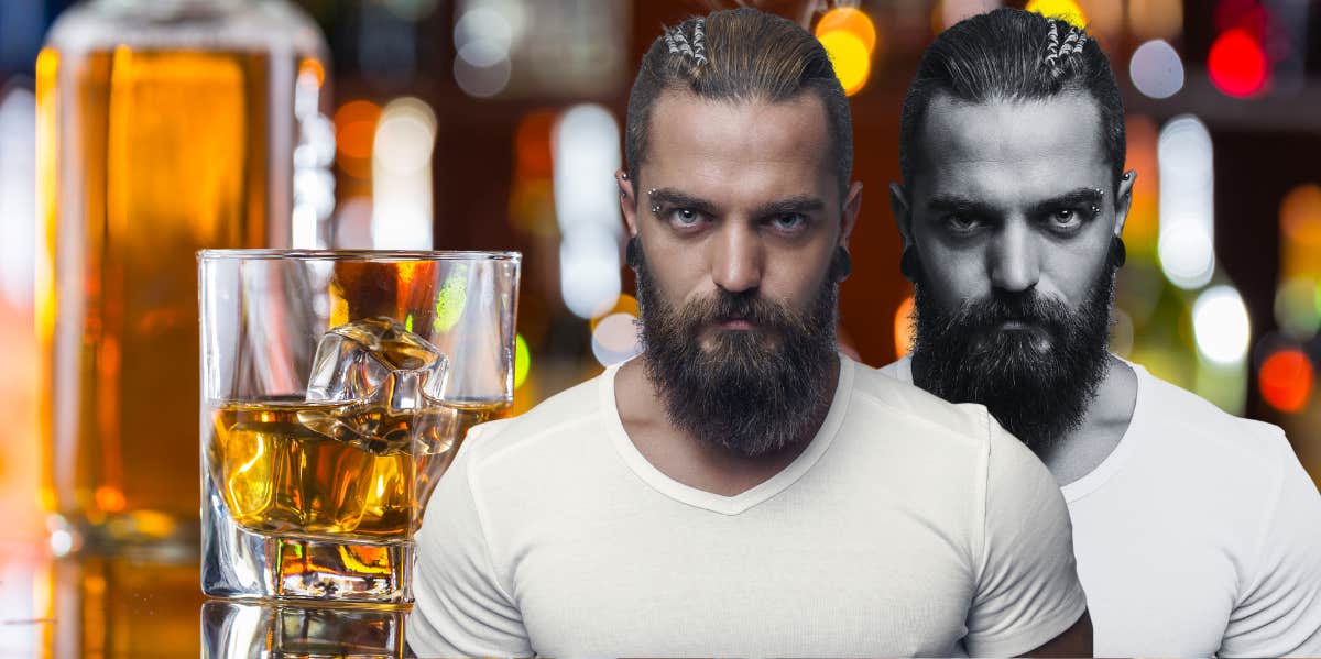 Man with a rugged dark man shadow behind him at a scotch bar