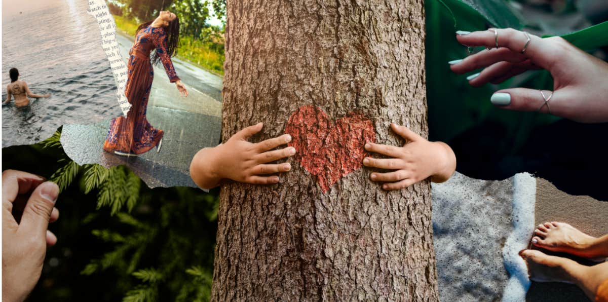 Being in touch with nature, touching leaves, hugging trees, toes in sand, dancing in the rain