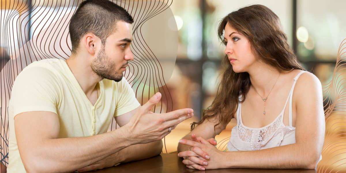 Woman sitting across from man, not convinced he is telling the truth