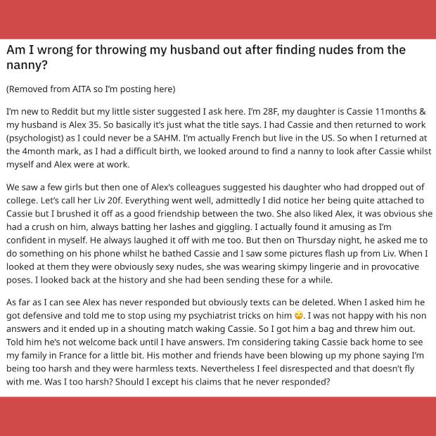 woman kicks out fiance after finding nude photos of the nanny