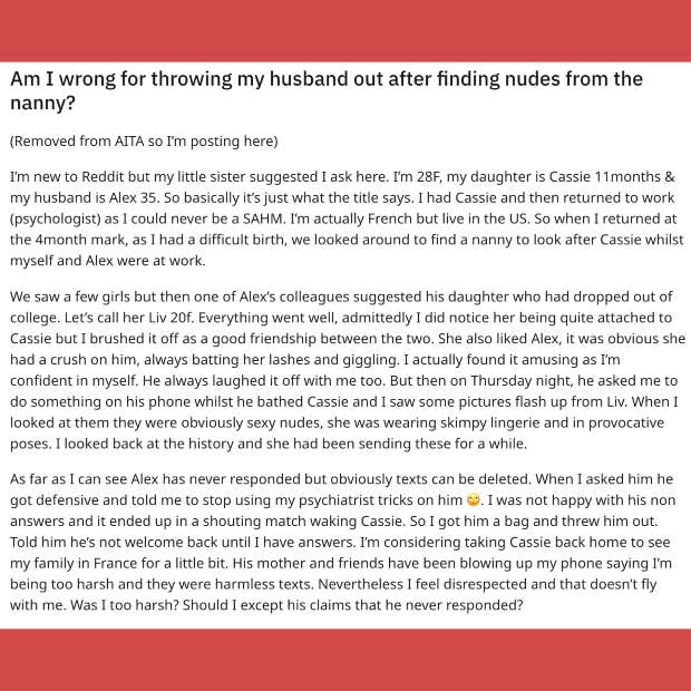 woman kicks out fiance after finding nude photos of the nanny