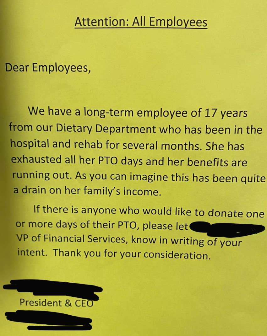 CEO Requests Staff Donate Their PTO Days To Sick Employee Of 17 Years