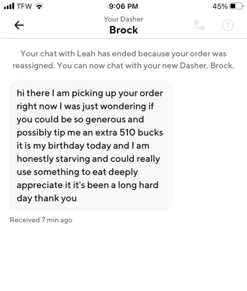DoorDash Driver Asks Customer For An Additional Tip Since It&#039;s His Birthday