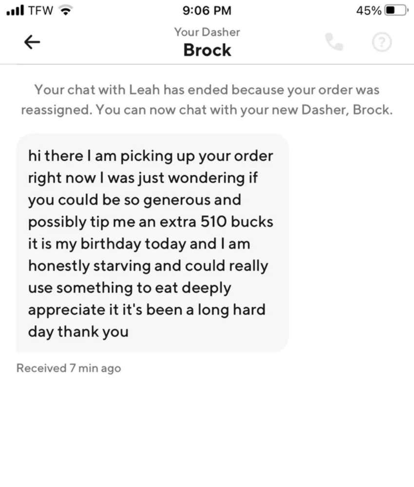 DoorDash Driver Asks Customer For An Additional Tip Since It&#039;s His Birthday