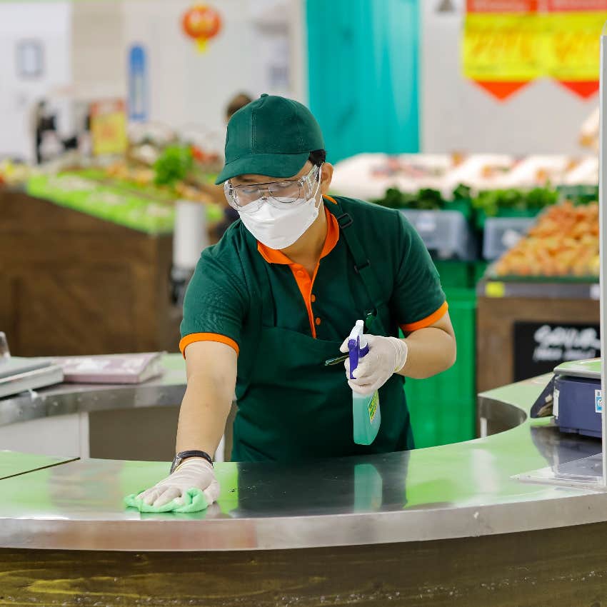 Mother Handed Mop By Supermarket Staff To Clean The Floor After Her Young Son Threw Up