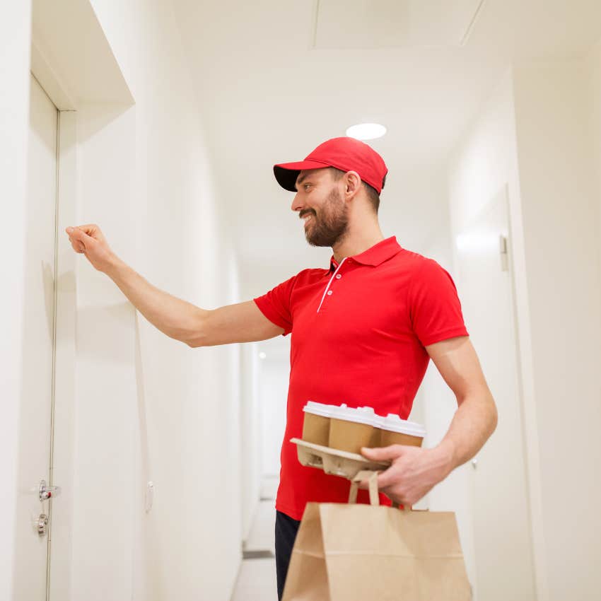 Couple Orders Uber Eats And Their Delivery Man Is Walking Their Order To Them 