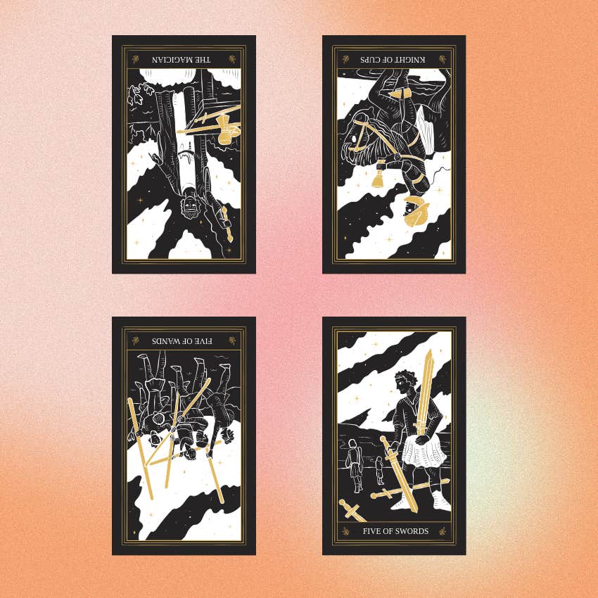 Tarot cards: Reversed Magician, Reversed Knight of Cups, Reversed 5 of Wands, and 5 of Swords