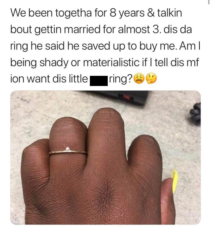 Woman Considers Rejecting Marriage Proposal After Partner Of 8 Years Gave Her A Small Ring