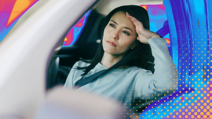 concerned woman in car