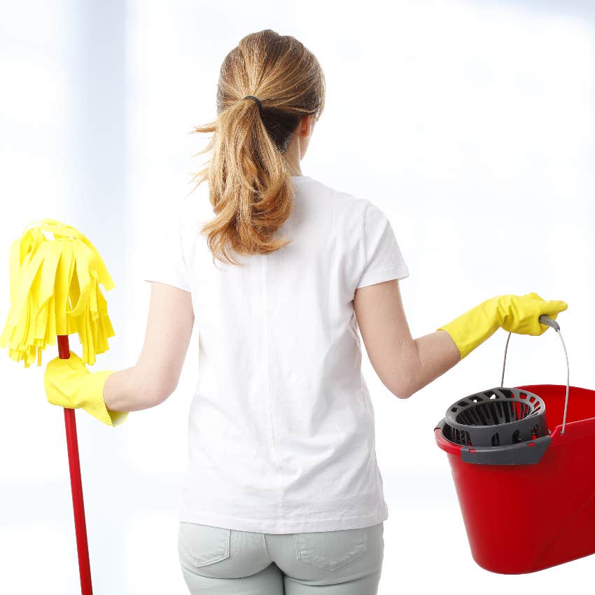 Mother Handed Mop By Supermarket Staff To Clean The Floor After Her Young Son Threw Up