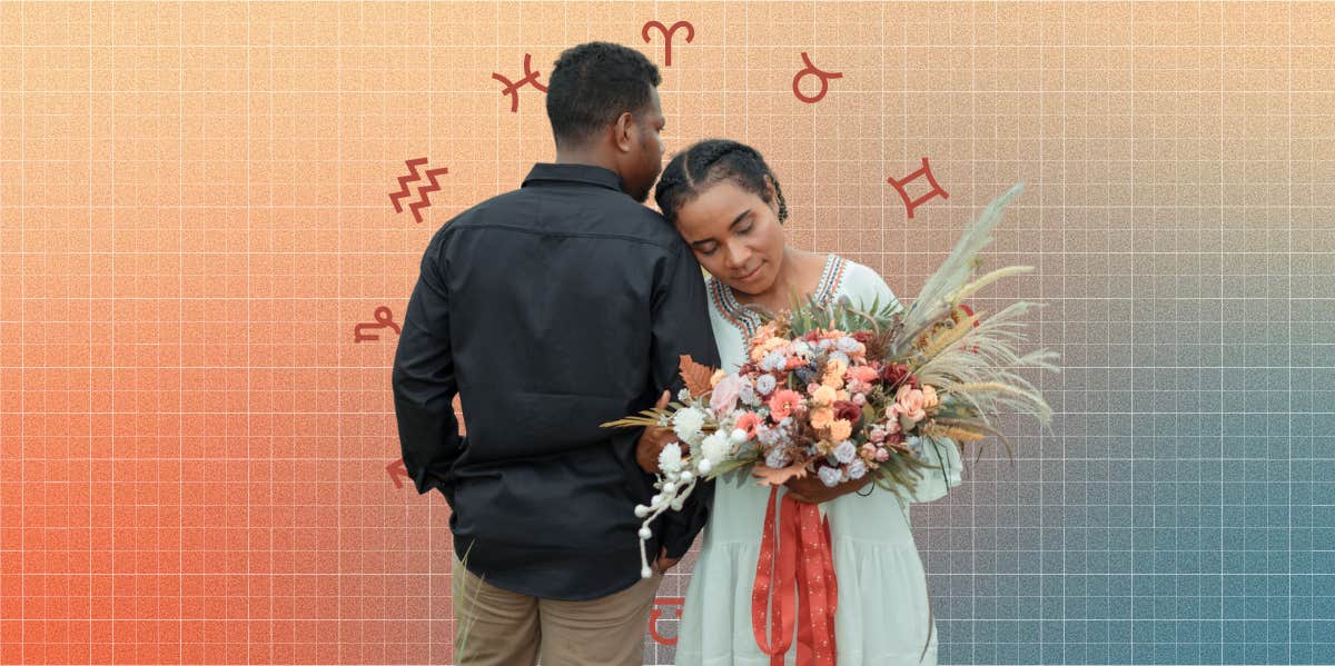 The Type Of Man You Deserve, Based On Your Zodiac Sign woman holding flowers with man, zodiac signs