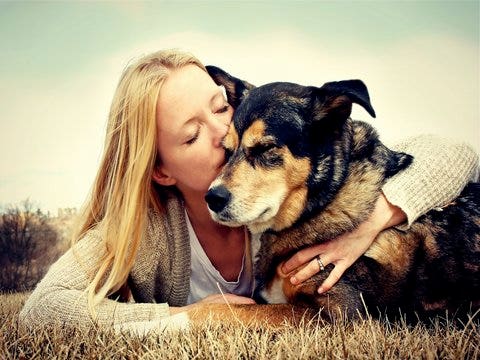 woman with her dog.