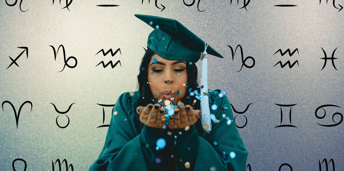 woman in graduation cap and gown, zodiac sign symbols
