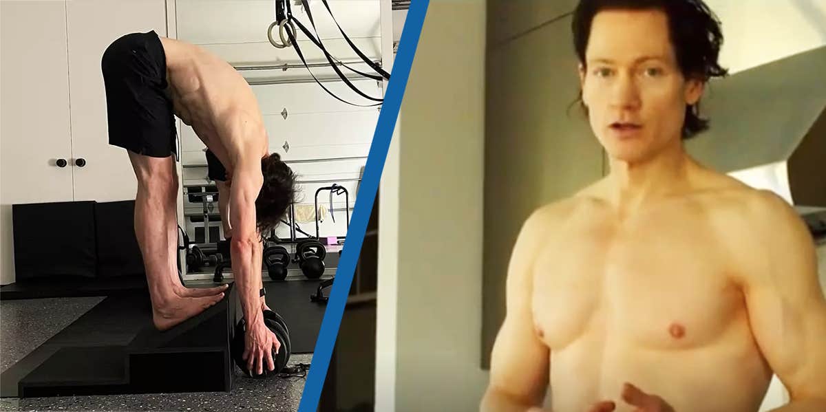 Two photographs of Bryan Johnson. In the first image he is doing a workout, and in the second he is discussing his routine.