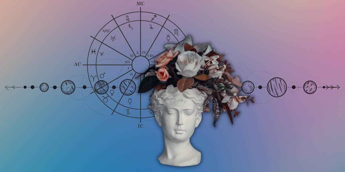 head sculpture with flowers, planets, birth chart