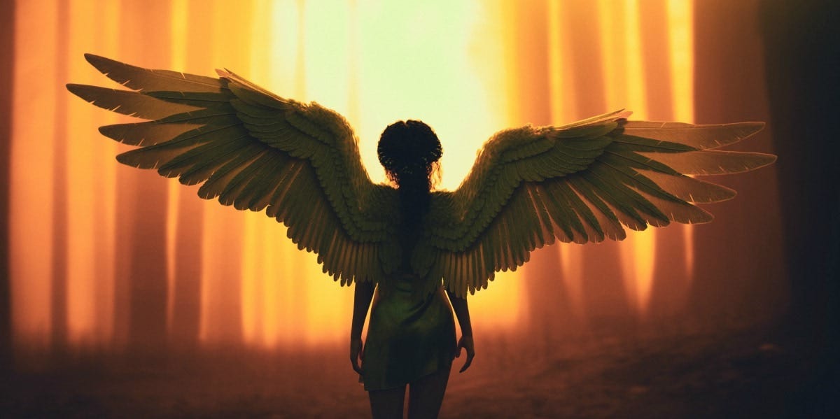 woman wearing angel wings in shadows
