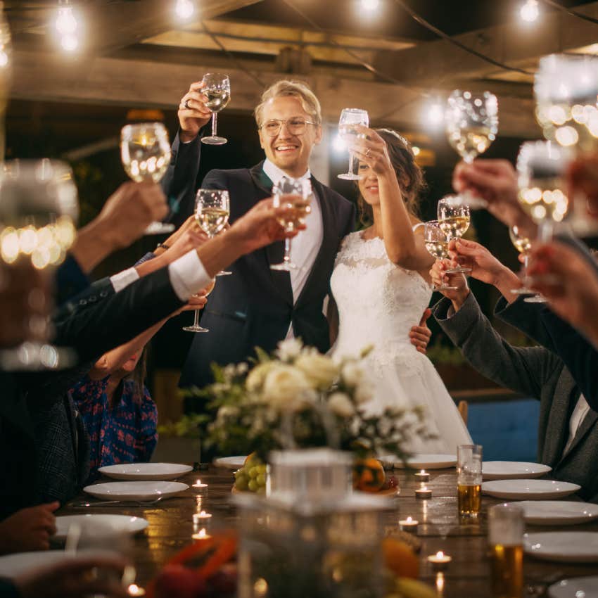 l Bride and Groom Celebrate Wedding at an Evening Reception Party.