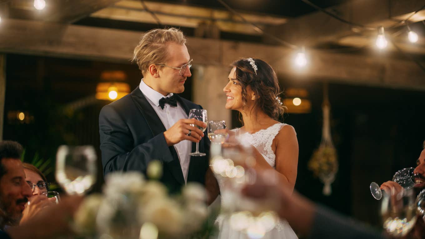 Bride and Groom Celebrate Wedding at an Evening Reception Party