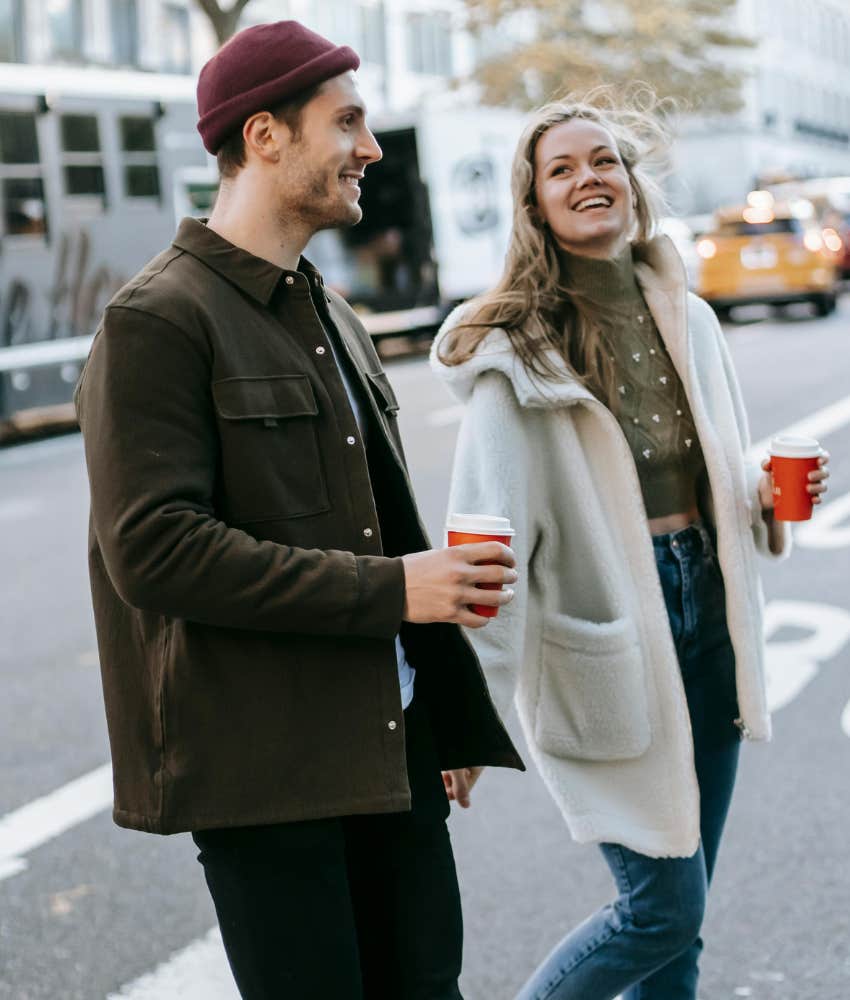 man and woman walking together