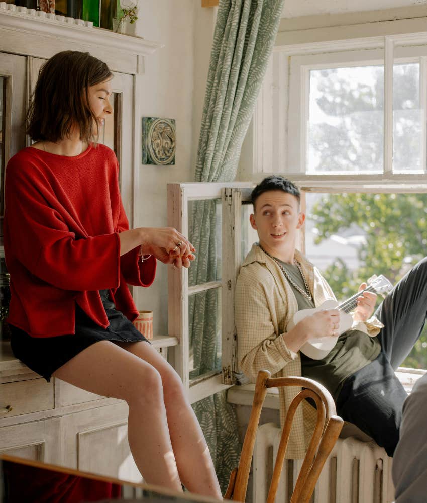 man and woman talking 