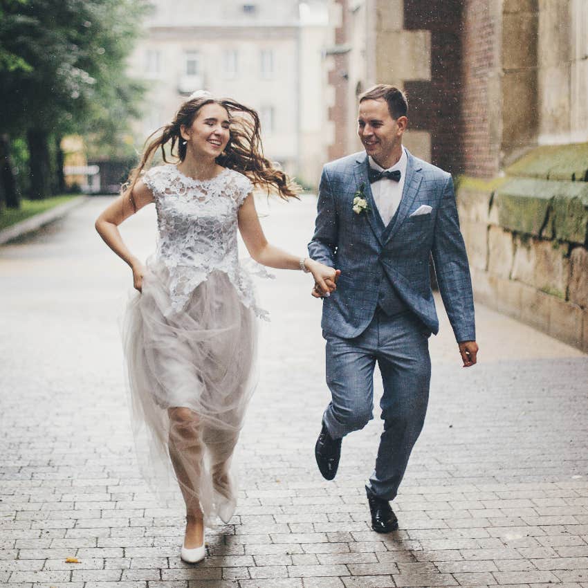 Bride and groom skipping their own wedding reception