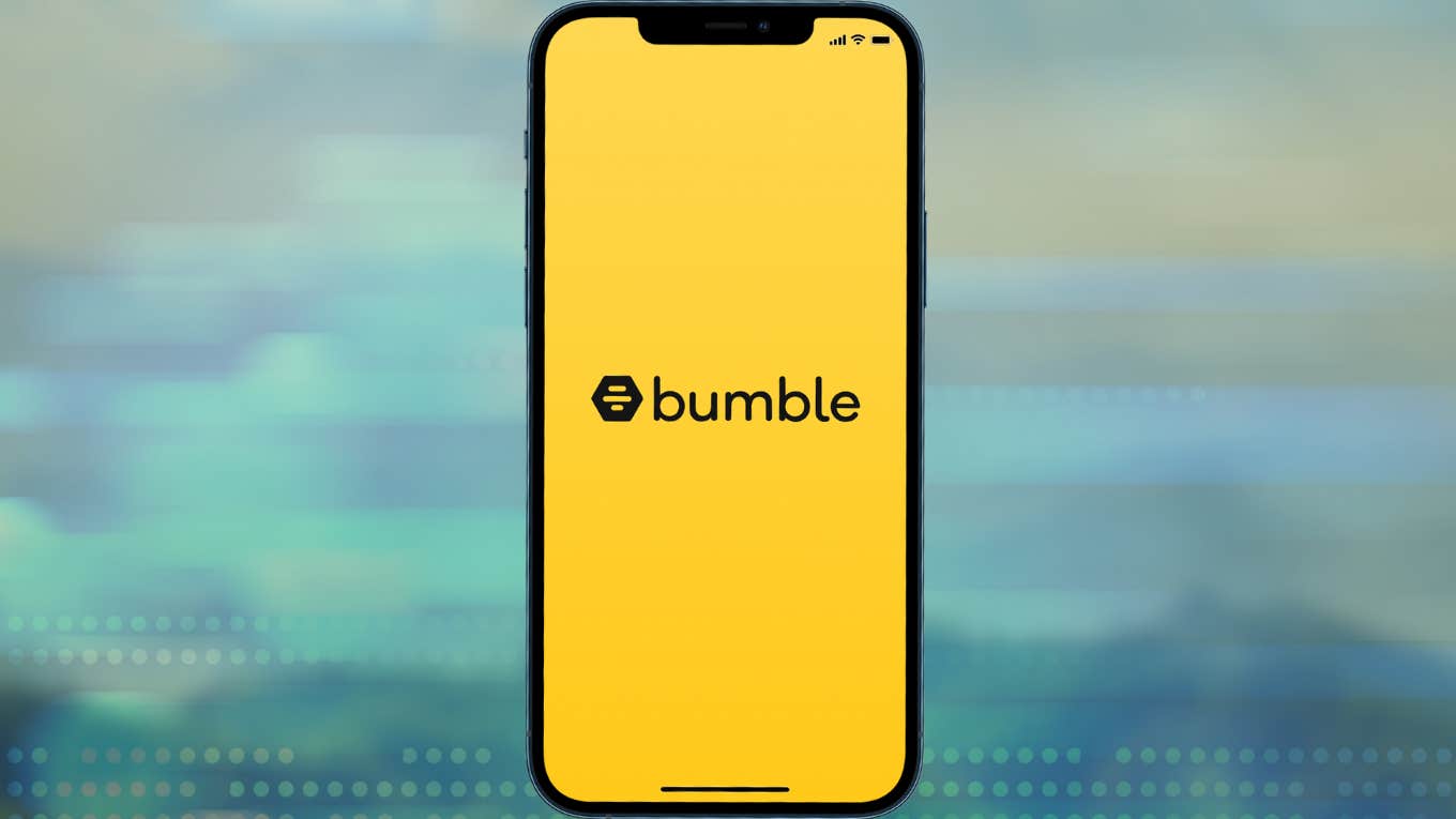 Bumble app on a phone over an AI-generated background. 