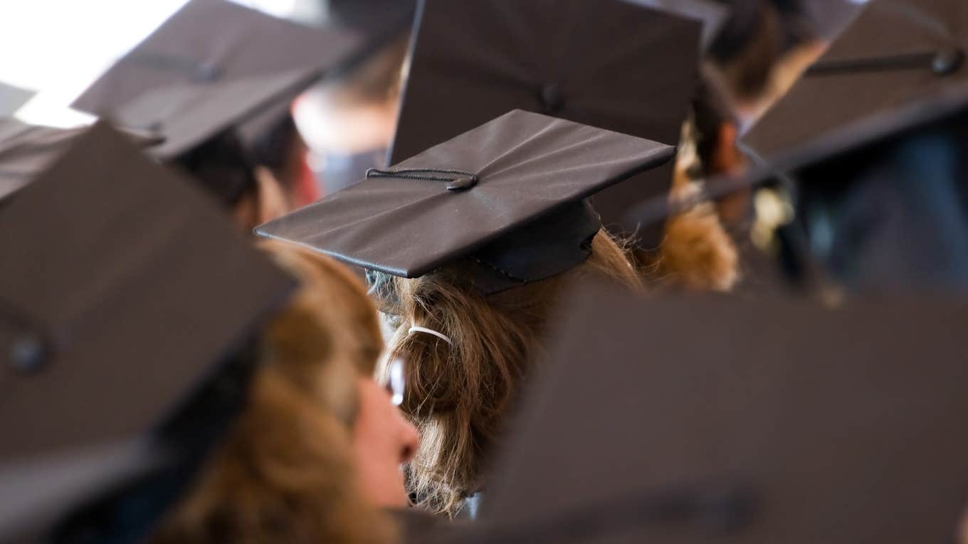 Graduation caps on students. 