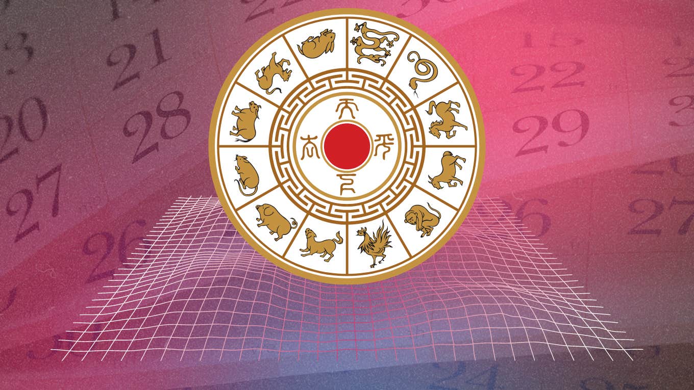 Each Chinese Zodiac Sign's Luckiest Day Of The Month In June 2024 chinese zodiac wheel in front of lucky day calendar for june 2024