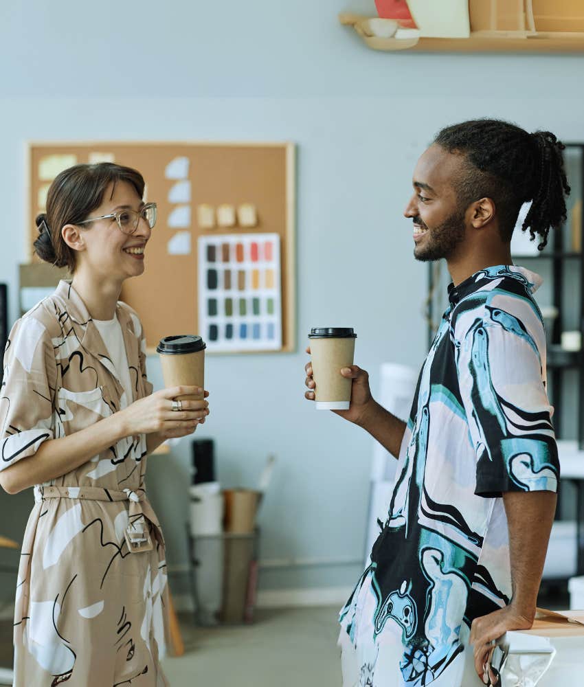 co-workers chatting over coffee
