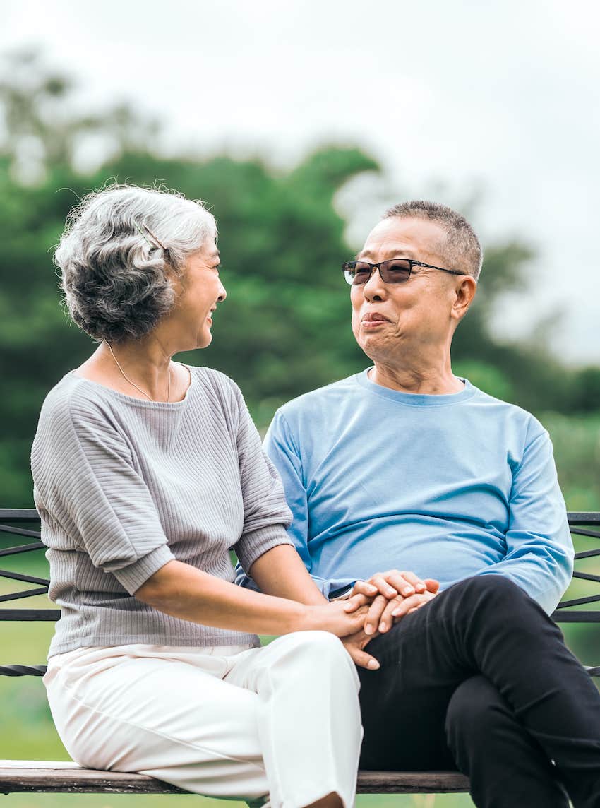 Older couple in park have secrets to making monogamy sexy