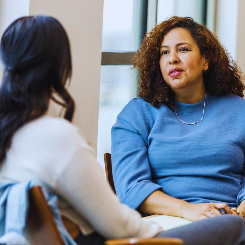 counselor talking to struggling mom