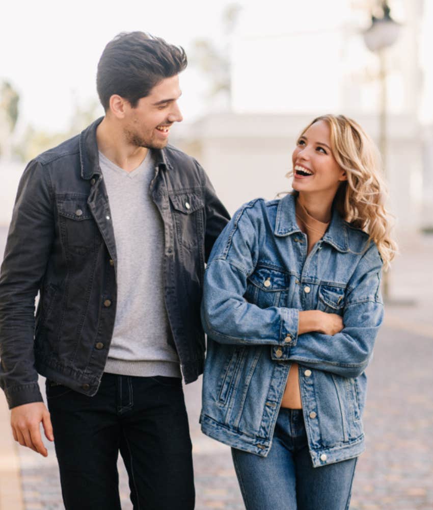 couple walking together and talking