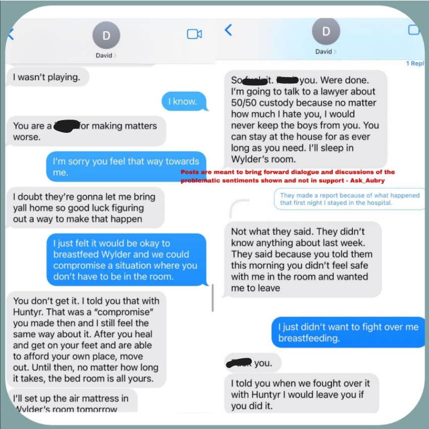 breastfeeding text exchange on X