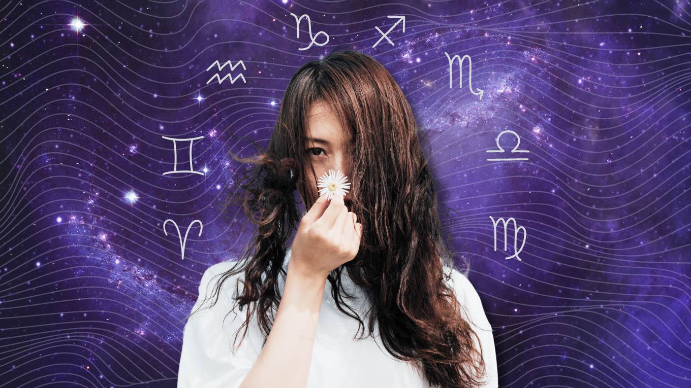 Horoscope For Each Zodiac Sign On May 31, 2024 — Moon Enters Aries woman holding flowers in front of zodiac wheel
