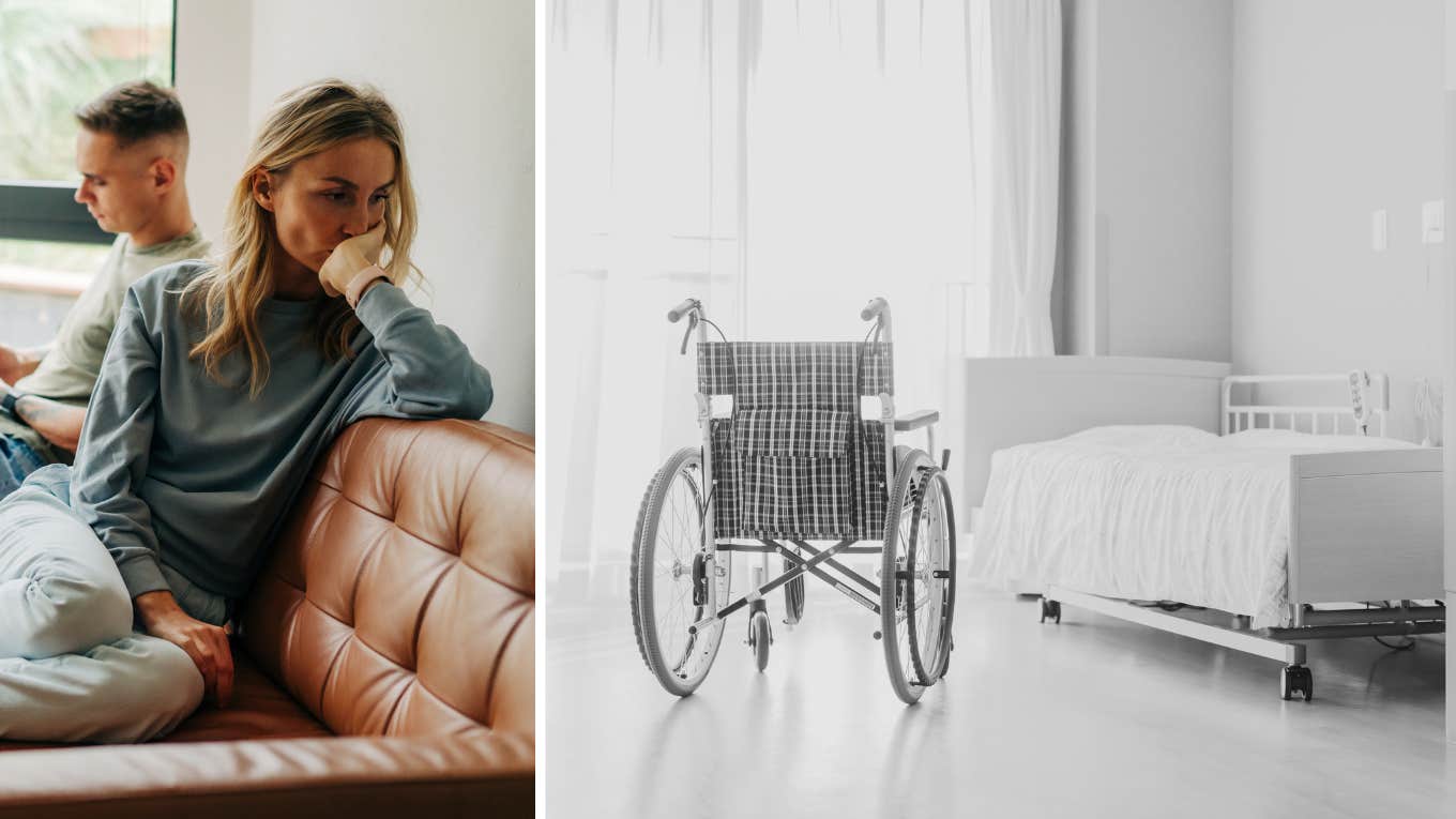 Man Gave Up His Inheritance To Pay For His Mom's Nursing Home, & Didn't Tell His Wife angry couple and nursing home room